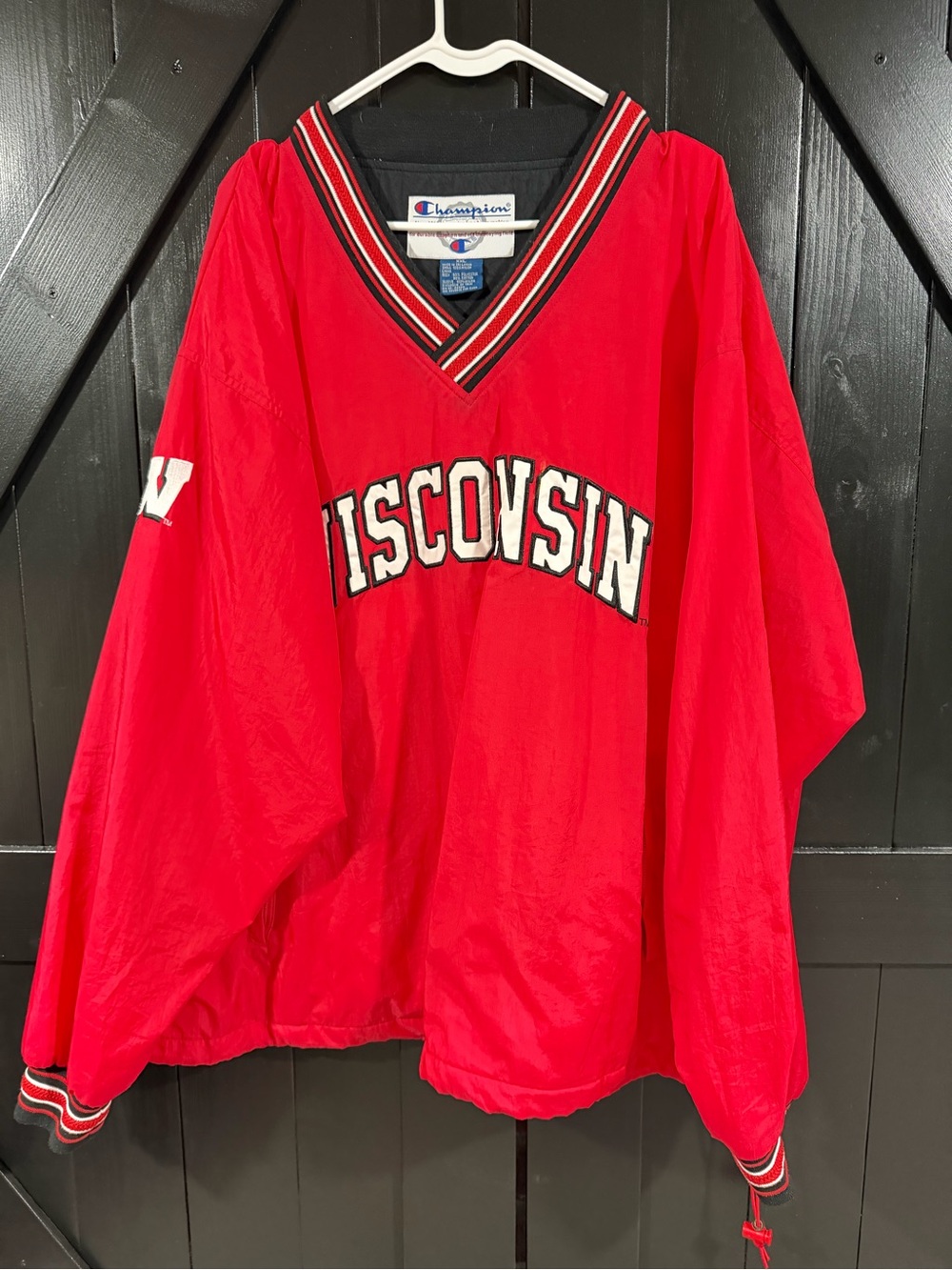 Champion Red V-Neck Pullover with Black & White Stripe Trim